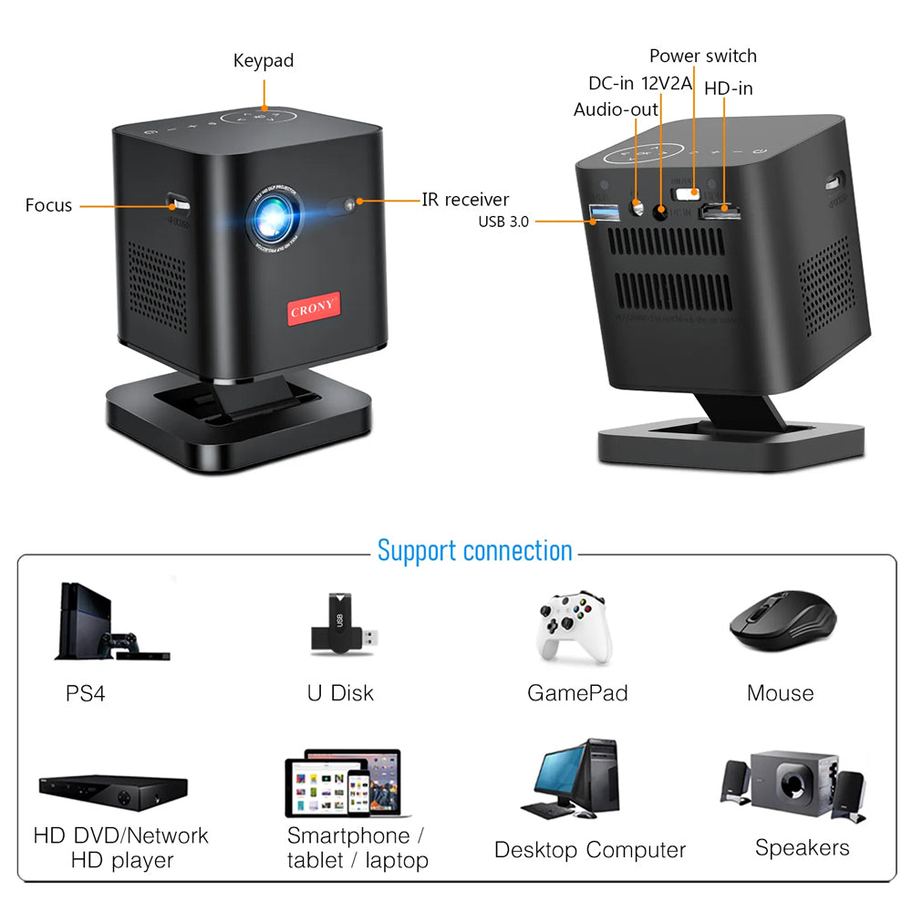 جهاز عرض ثلاثي الأبعاد عمودي CRONY C1000 مع مكبر صوت BT Mini 1080p Wifi Smart LED Dlp Android Mobile Home Theater Portable Pico Pocket Video Projector مع بطارية