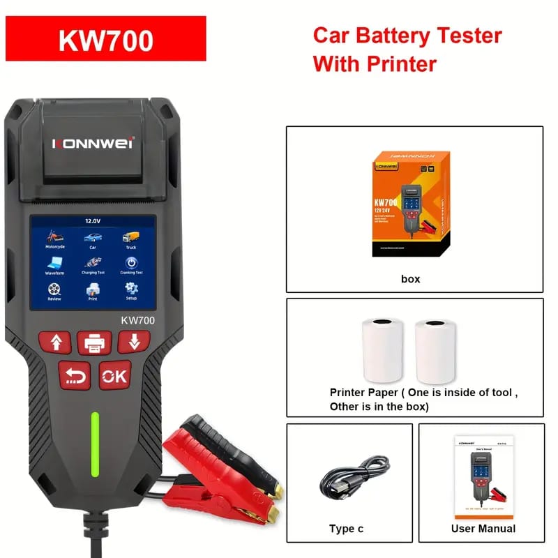 CRONY: KONNWEI KW700 Car & Truck Battery Tester with Print function 12V 24V Battery Analyzer Cranking Test Charging Test 10-2000CCA