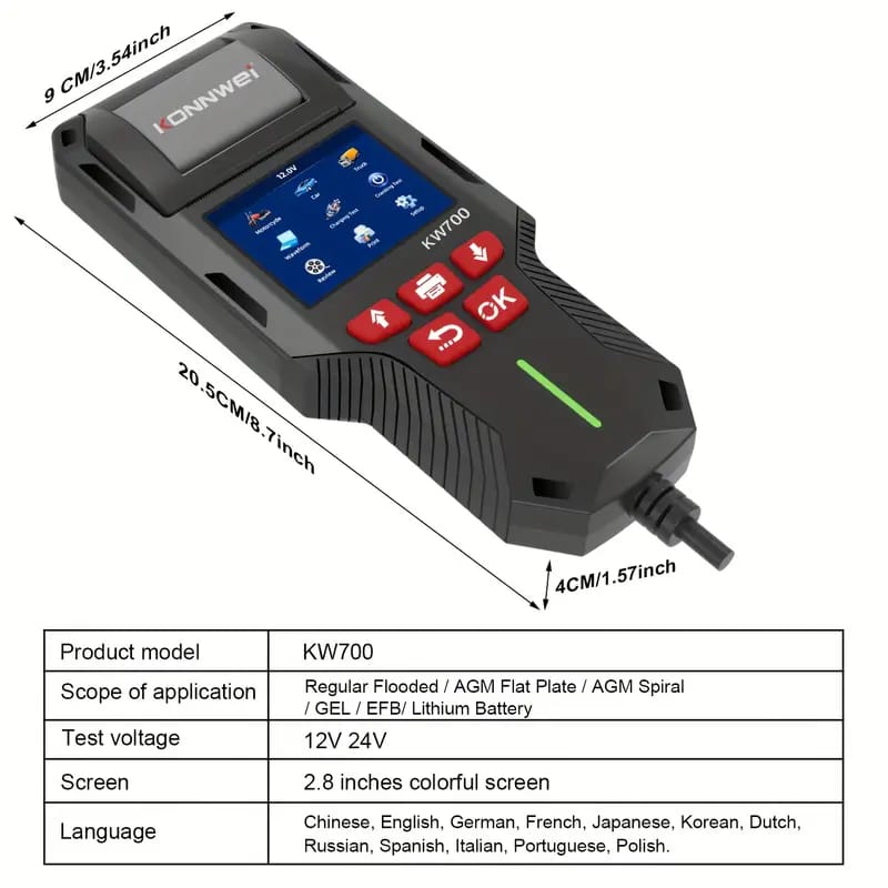 CRONY: KONNWEI KW700 Car & Truck Battery Tester with Print function 12V 24V Battery Analyzer Cranking Test Charging Test 10-2000CCA