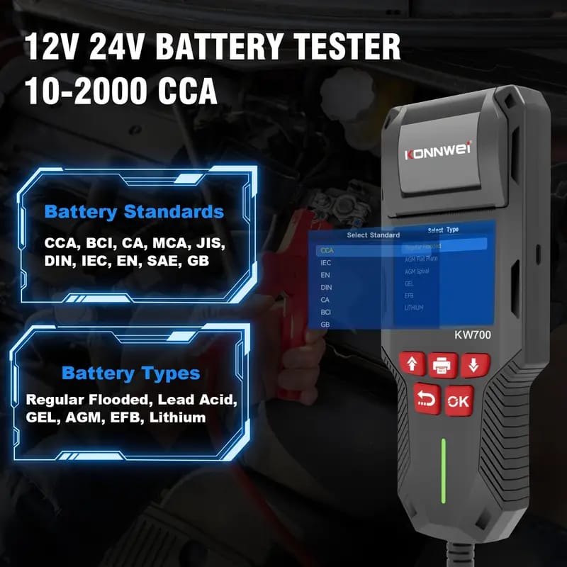 CRONY: KONNWEI KW700 Car & Truck Battery Tester with Print function 12V 24V Battery Analyzer Cranking Test Charging Test 10-2000CCA