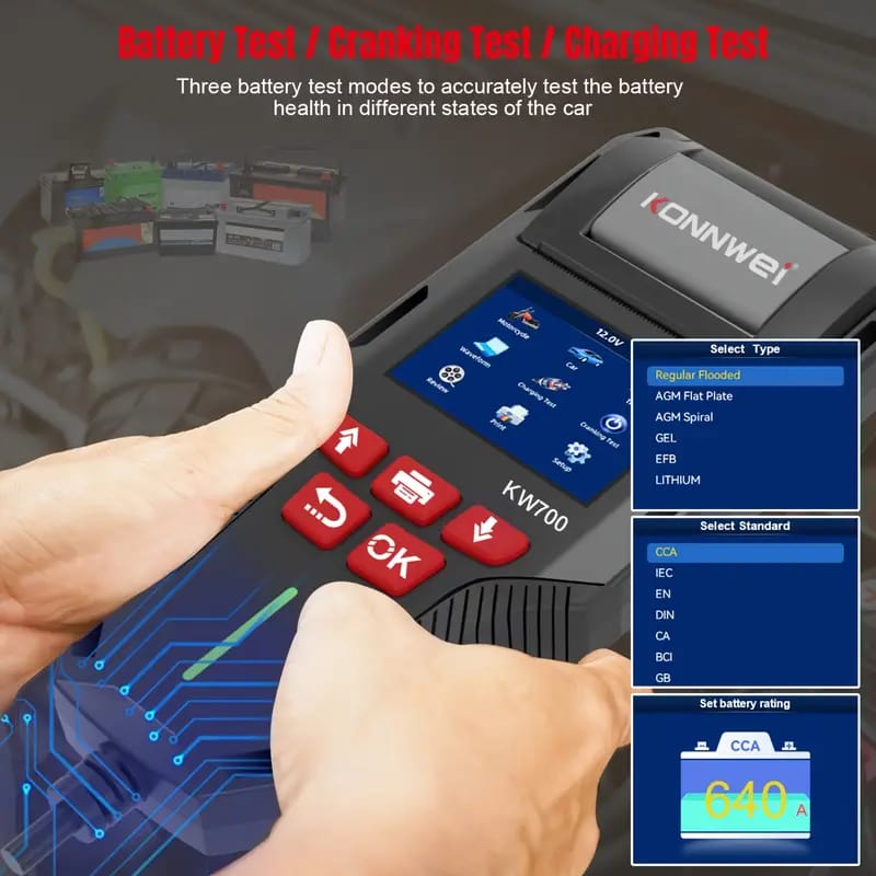 CRONY: KONNWEI KW700 Car & Truck Battery Tester with Print function 12V 24V Battery Analyzer Cranking Test Charging Test 10-2000CCA