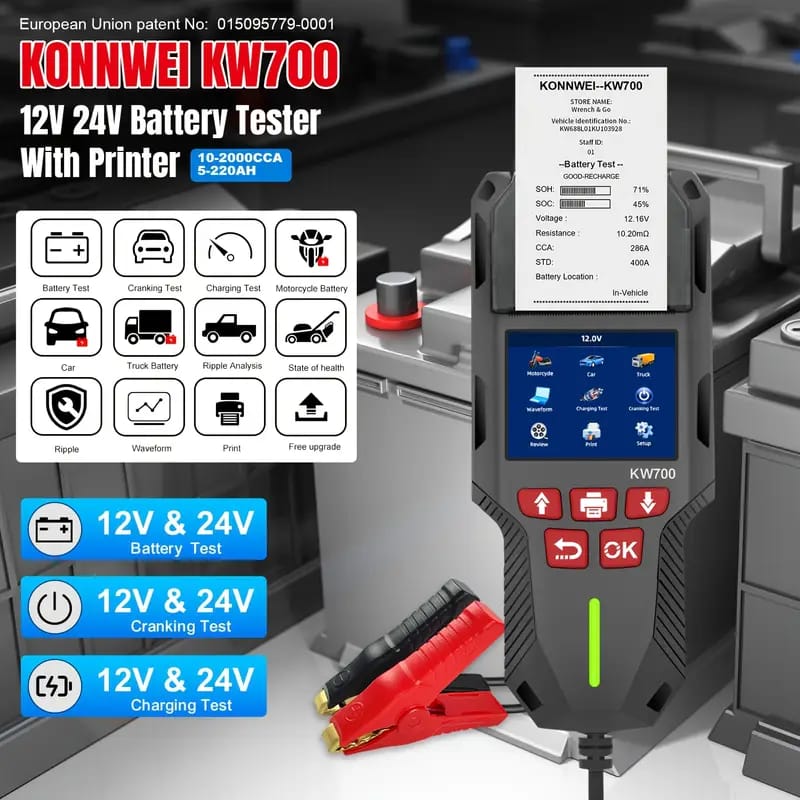 CRONY: KONNWEI KW700 Car & Truck Battery Tester with Print function 12V 24V Battery Analyzer Cranking Test Charging Test 10-2000CCA