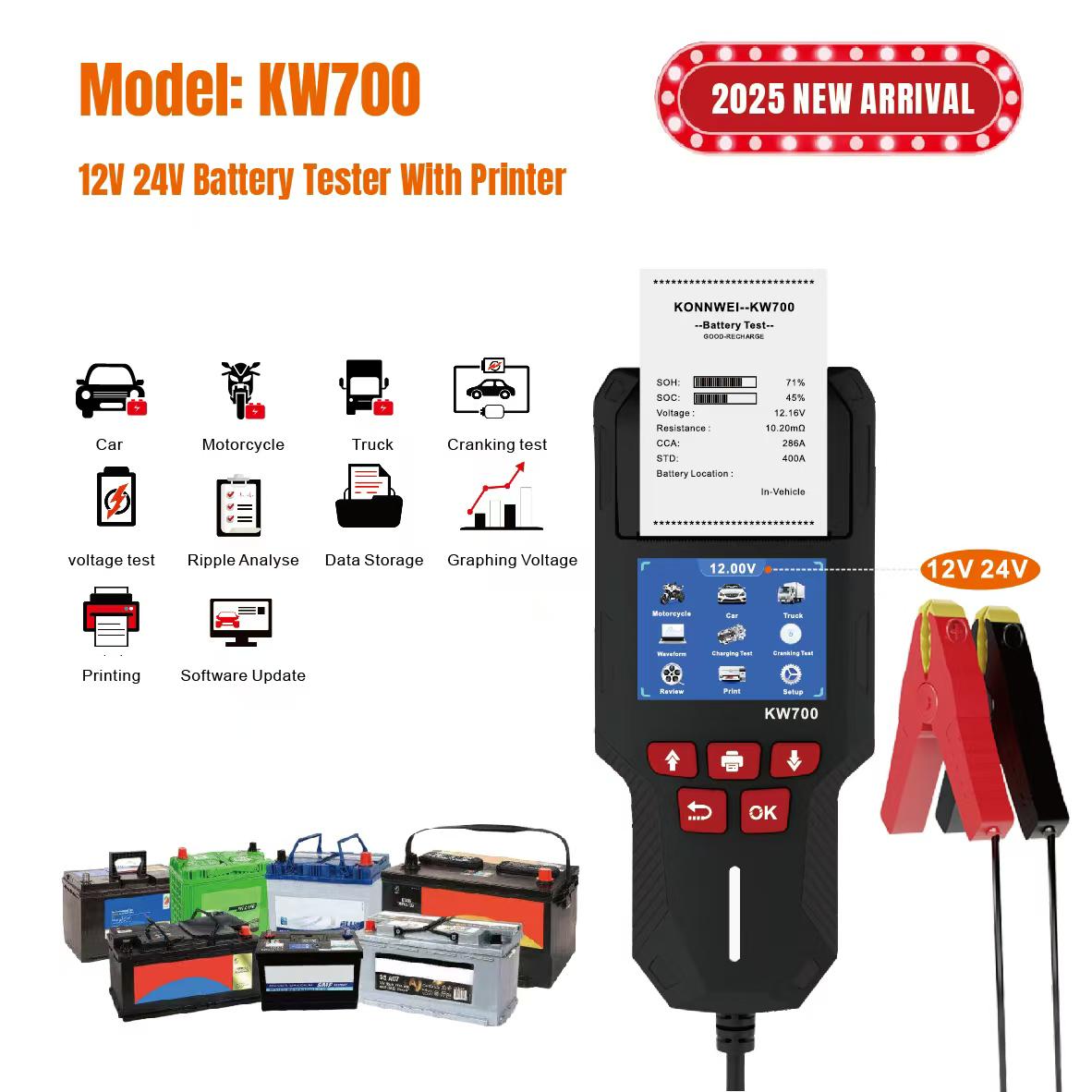 CRONY: KONNWEI KW700 Car & Truck Battery Tester with Print function 12V 24V Battery Analyzer Cranking Test Charging Test 10-2000CCA