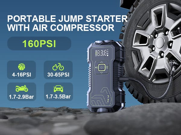 CRONY: F1 PRO Car Jump Starter with Air Compressor 160PSI, 1600A Car Battery Jump Starter Battery Pack (9L Gas/8L Diesel), 12V Car Starter Jump Box, Type-C Fast Charging,USB QC 3.0,Extension Jumper Cable
