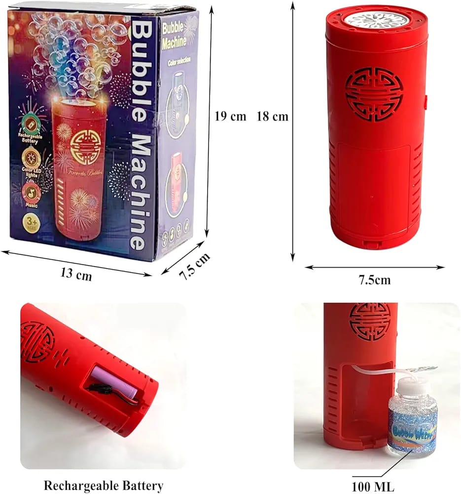 CRONY: Tassino Fireworks Bubble Machine (12 Holes with 100ml Bubble Solution Automatic Bubble Blower Maker with Lights and Sound for Diwali Christmas, Party