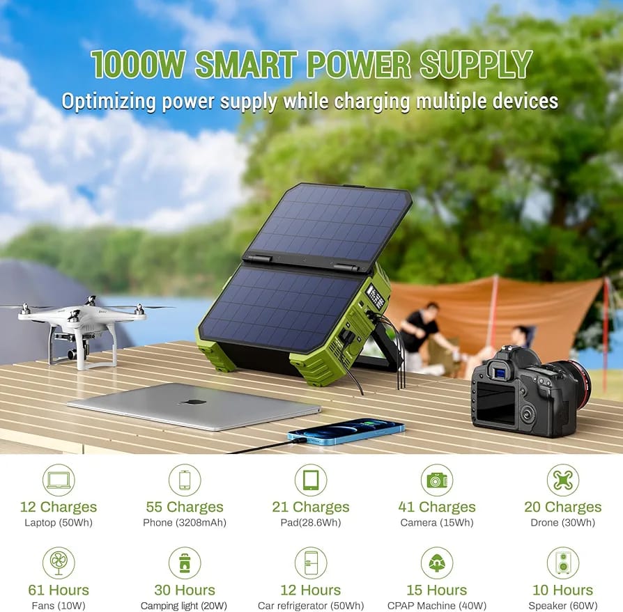 CRONY: Portable Power Station with 30W Solar Panel, 614.4Wh LiFePO4 Battery Backup,110V/600W(Peak 1200W) Pure Sine Wave AC Outlet, Solar Generator for Outdoor Camping, RV Travel, Blackout Emergency (Blue)