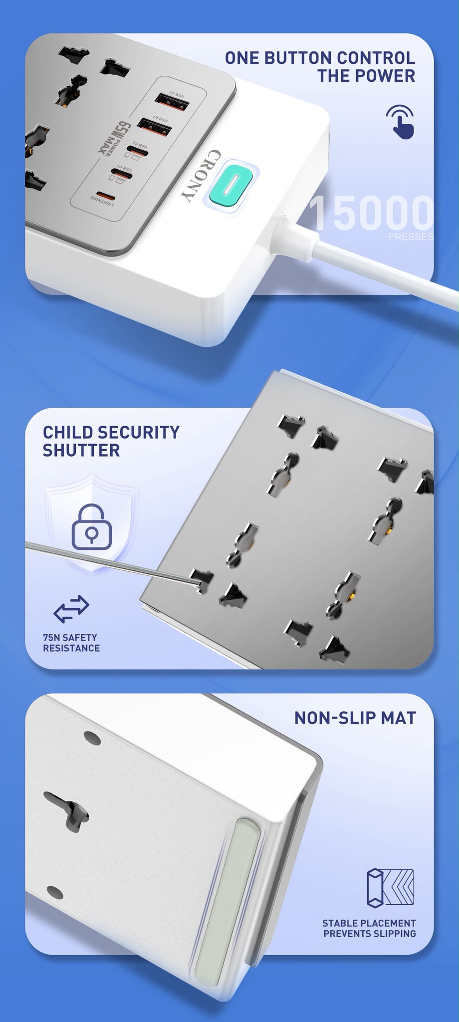 CRONY: SC4 UNIVERSAL POWER SOCKET 65W PD GaN Desktop Power Strip 13 in 1 Multi Port 2500W High Power Multi Device Charging Power Strip Extension Socket