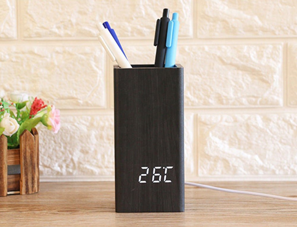 CRONY 2020 flower arranging clock wooden digital temperature pen holder alarm clock for gift