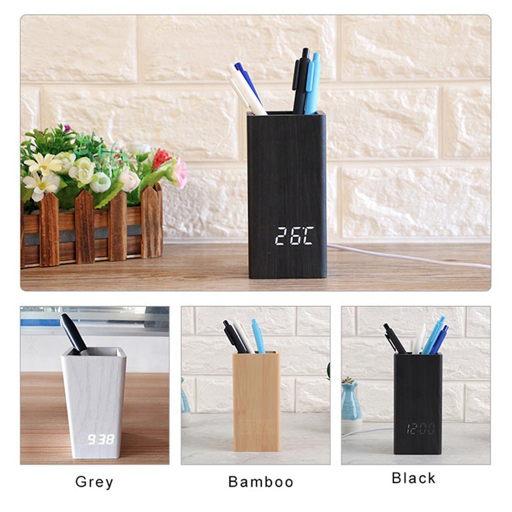 CRONY 2020 flower arranging clock wooden digital temperature pen holder alarm clock for gift