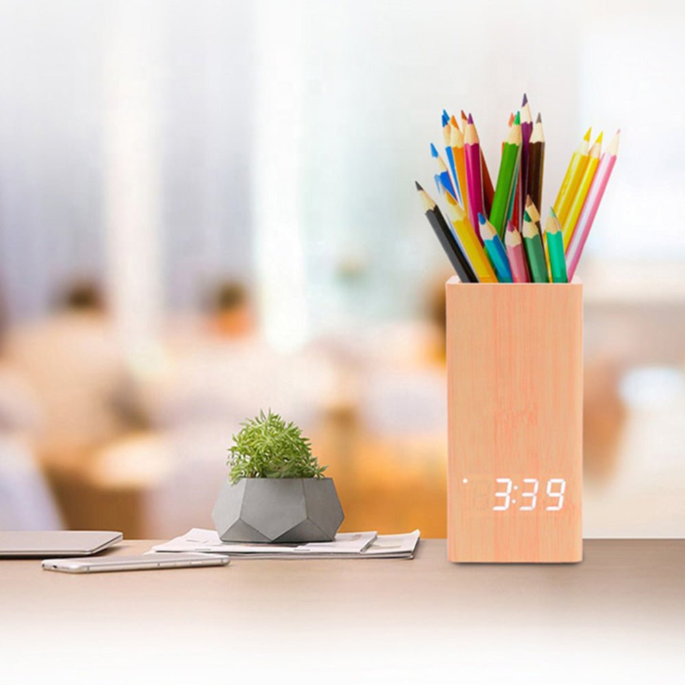 CRONY 2020 flower arranging clock wooden digital temperature pen holder alarm clock for gift