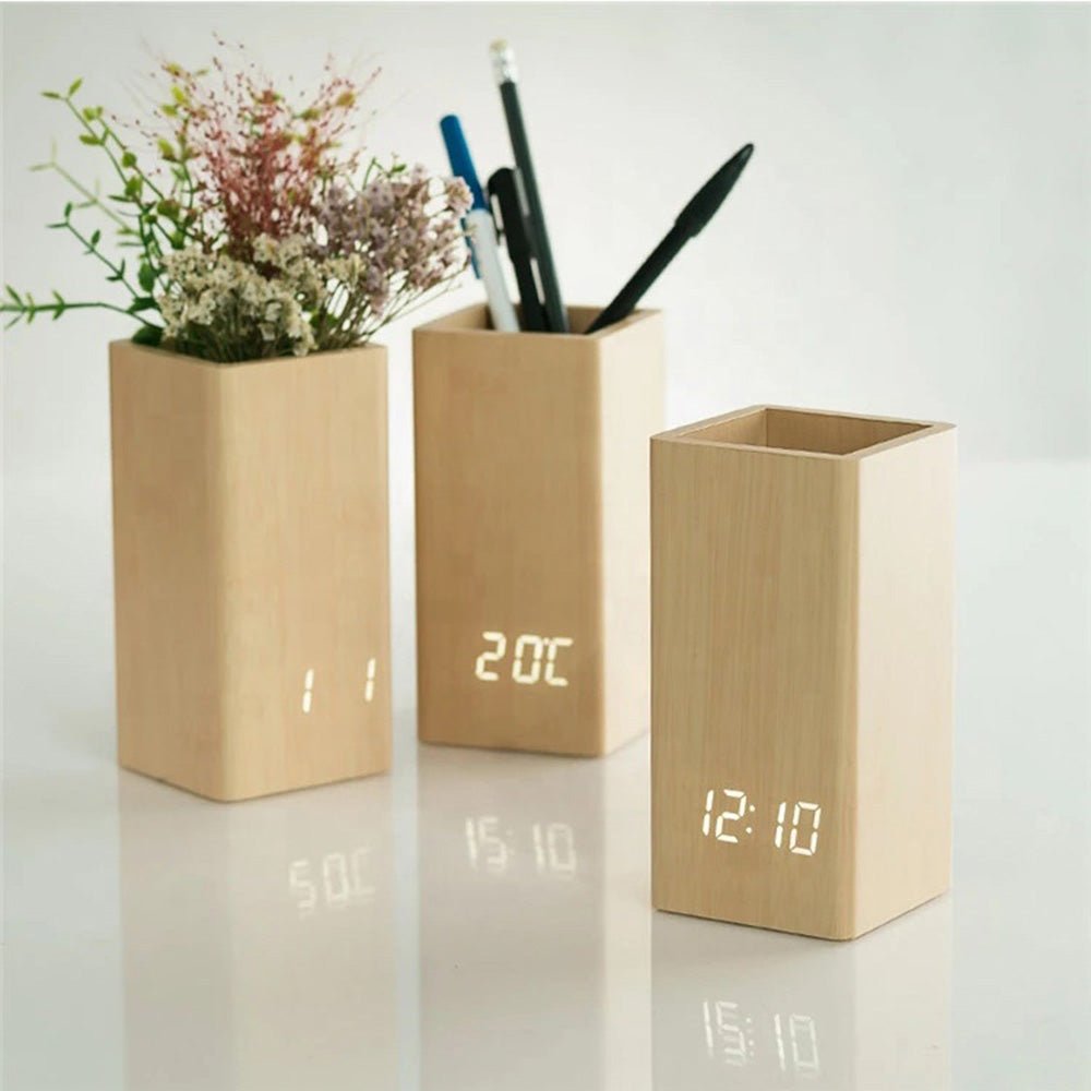 CRONY 2020 flower arranging clock wooden digital temperature pen holder alarm clock for gift