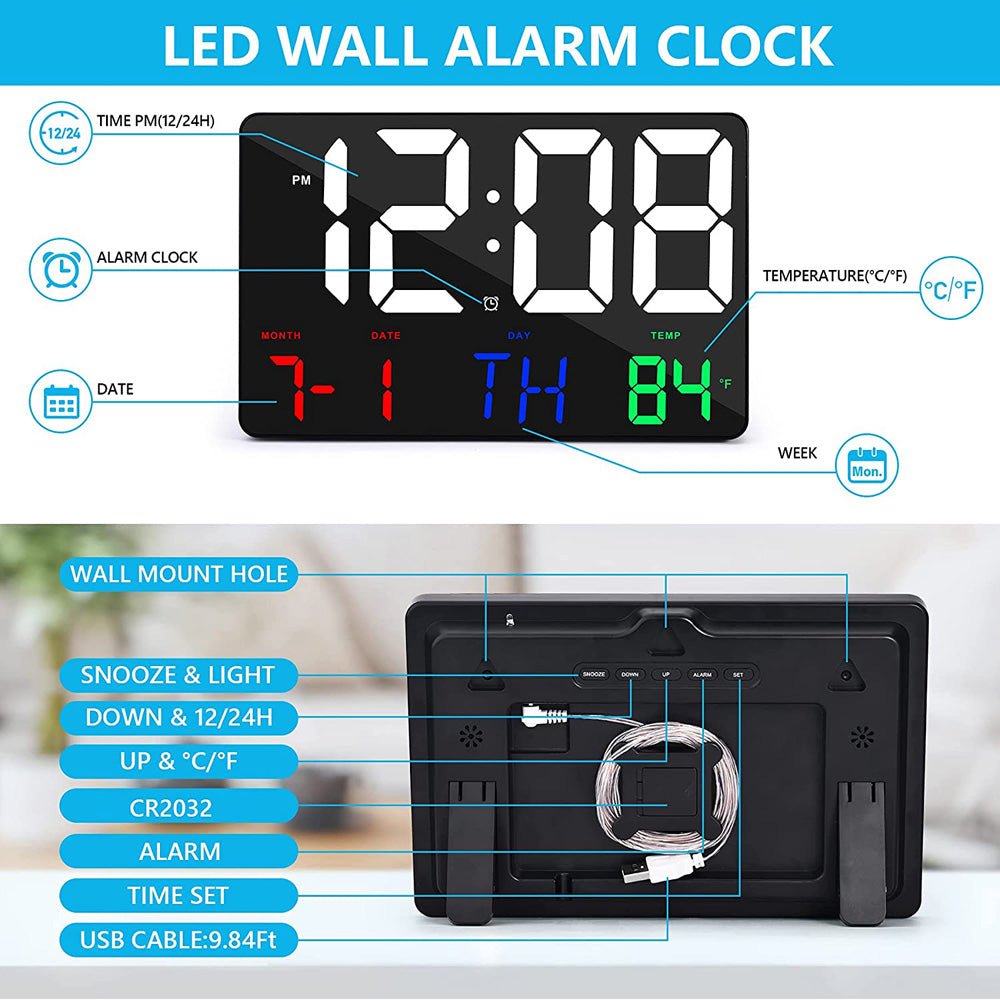 CRONY 717 White words wall clock Digital Clock Large Display,11.4" Digital Calendar Alarm Day Clock with Wireless Remote Control