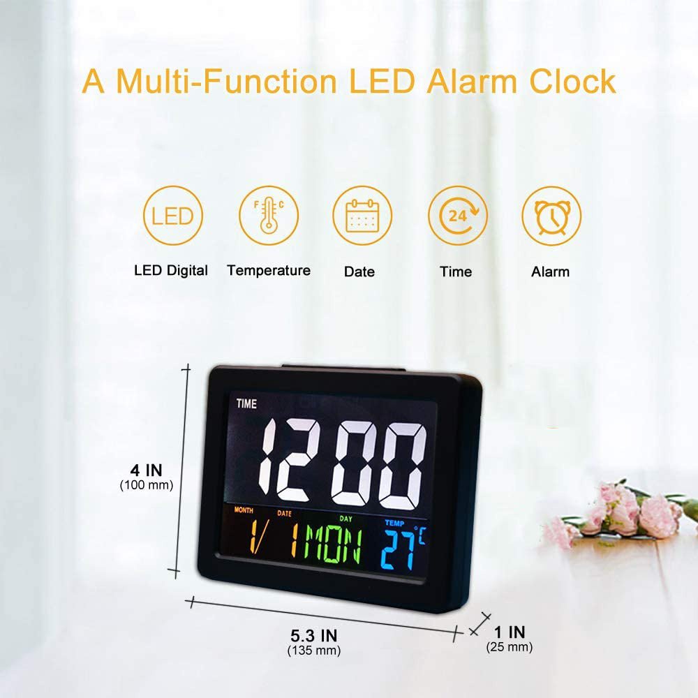 ساعة كروني GH-2000 الإلكترونية الملونة بجانب السرير مع شاشة LED كبيرة مع التاريخ ودرجة الحرارة | أسود