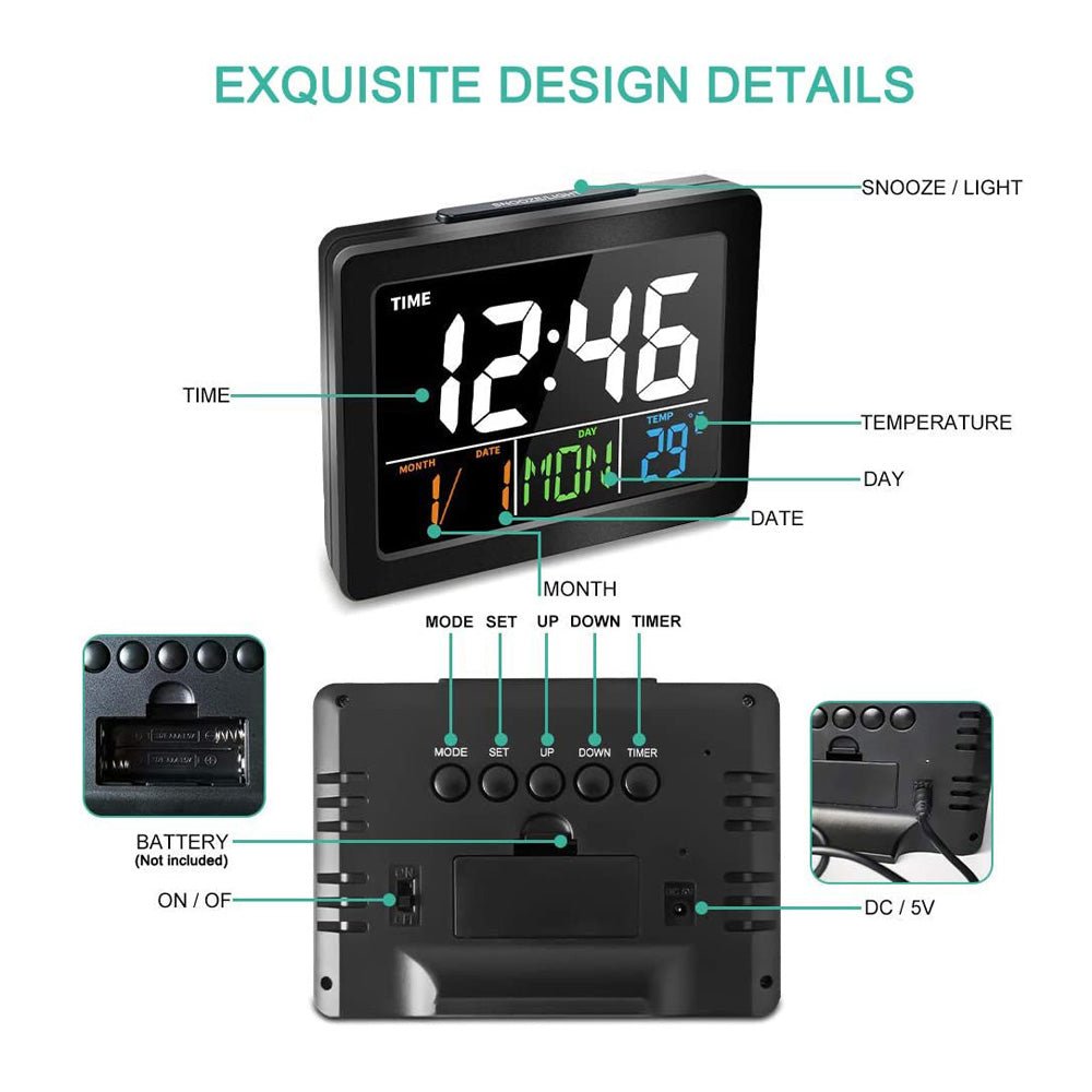ساعة كروني GH-2000 الإلكترونية الملونة بجانب السرير مع شاشة LED كبيرة مع التاريخ ودرجة الحرارة | أسود