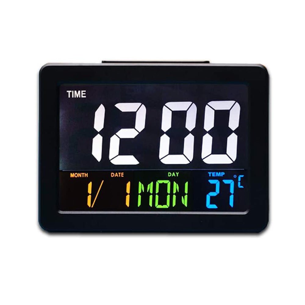 ساعة كروني GH-2000 الإلكترونية الملونة بجانب السرير مع شاشة LED كبيرة مع التاريخ ودرجة الحرارة | أسود