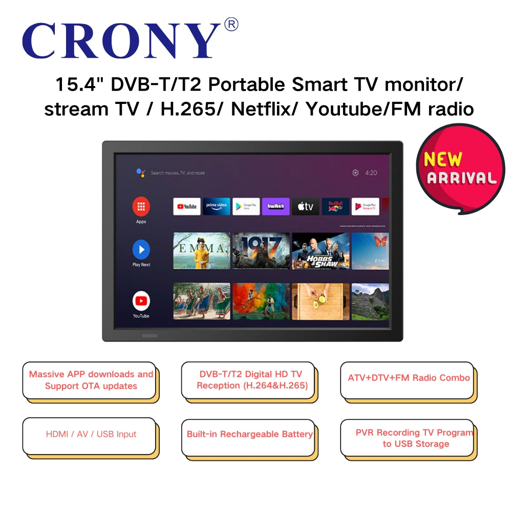 CRONY 15.4 INCH DVB-T/T2 Portable Smart TV Google TV FM Radio Local TV