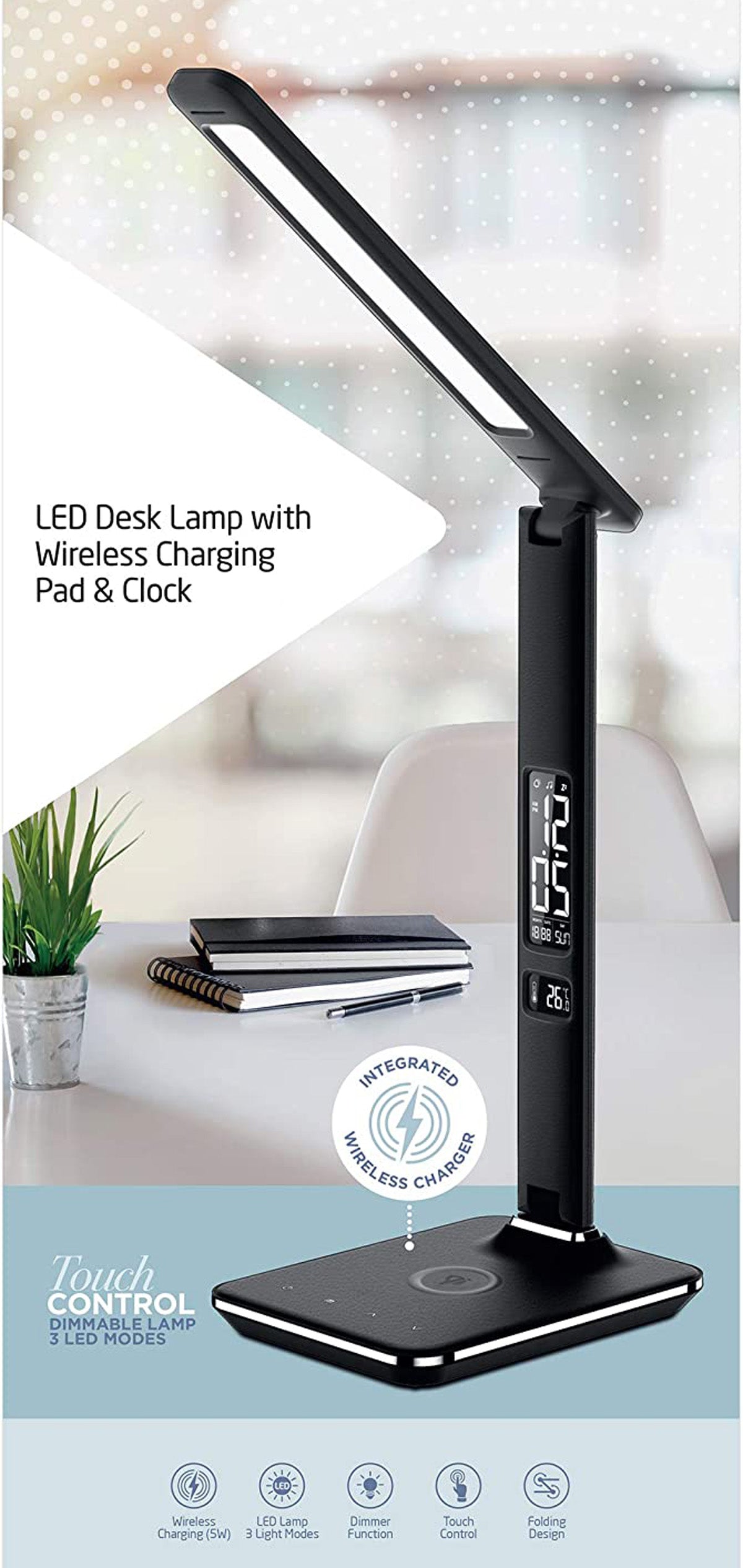 CRONY U13Q Table Lamp with wirelese charge-night light Clock LED Desk Lamp with Built-in Wireless Charger & Alarm Clock