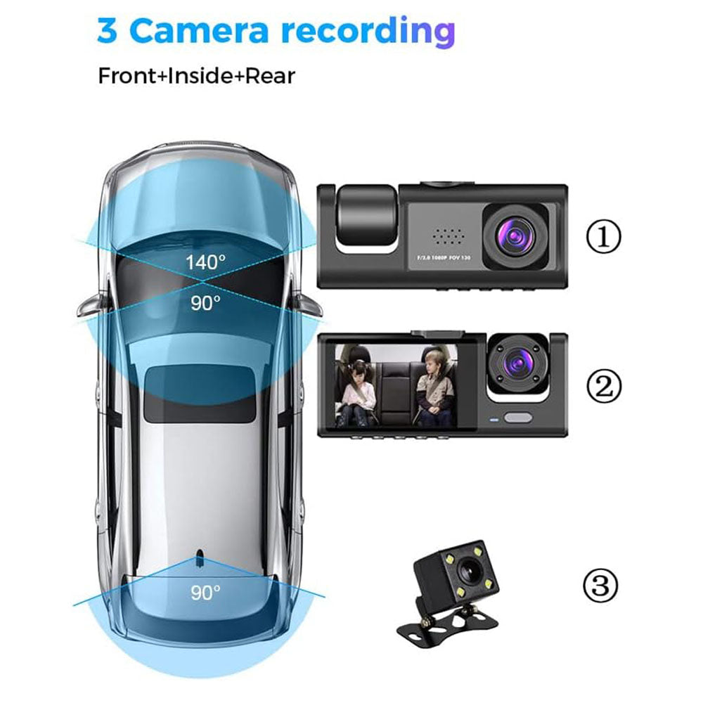 CRONY  S11 Three-Camera 1920*1080 pushbutton dashcam 1080P DVR Dashcam Front Indoor and Rear View Camera Driving Recorder