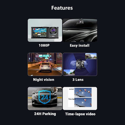 CRONY  S11 Three-Camera 1920*1080 pushbutton dashcam 1080P DVR Dashcam Front Indoor and Rear View Camera Driving Recorder