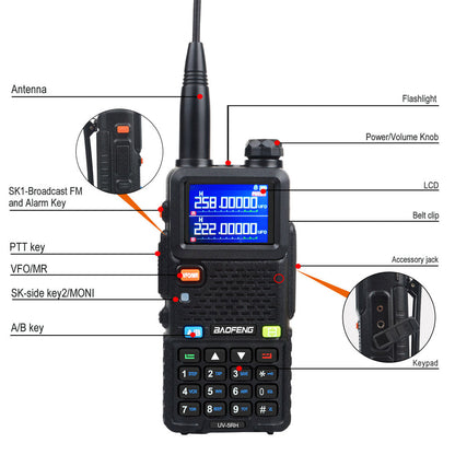 Baofeng UV-5RH 7W VHF UHF 136-174MHz 220-260MHz 400-520MHz Tri-Bands 999Ch Frequency Search Weather Forecast FM Walkie Talkie