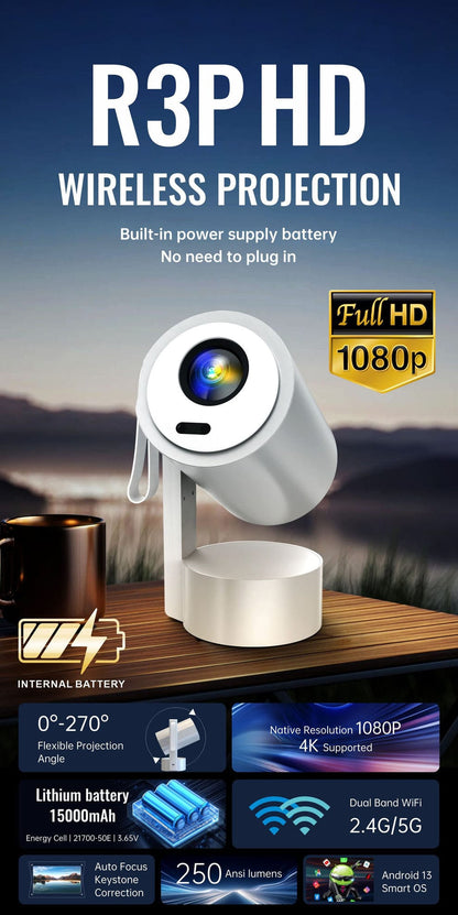 CRONY: R3P Portable Mini Projector 1080P LED Smart Projector Supports 4K Decode Android with Built In Speakers