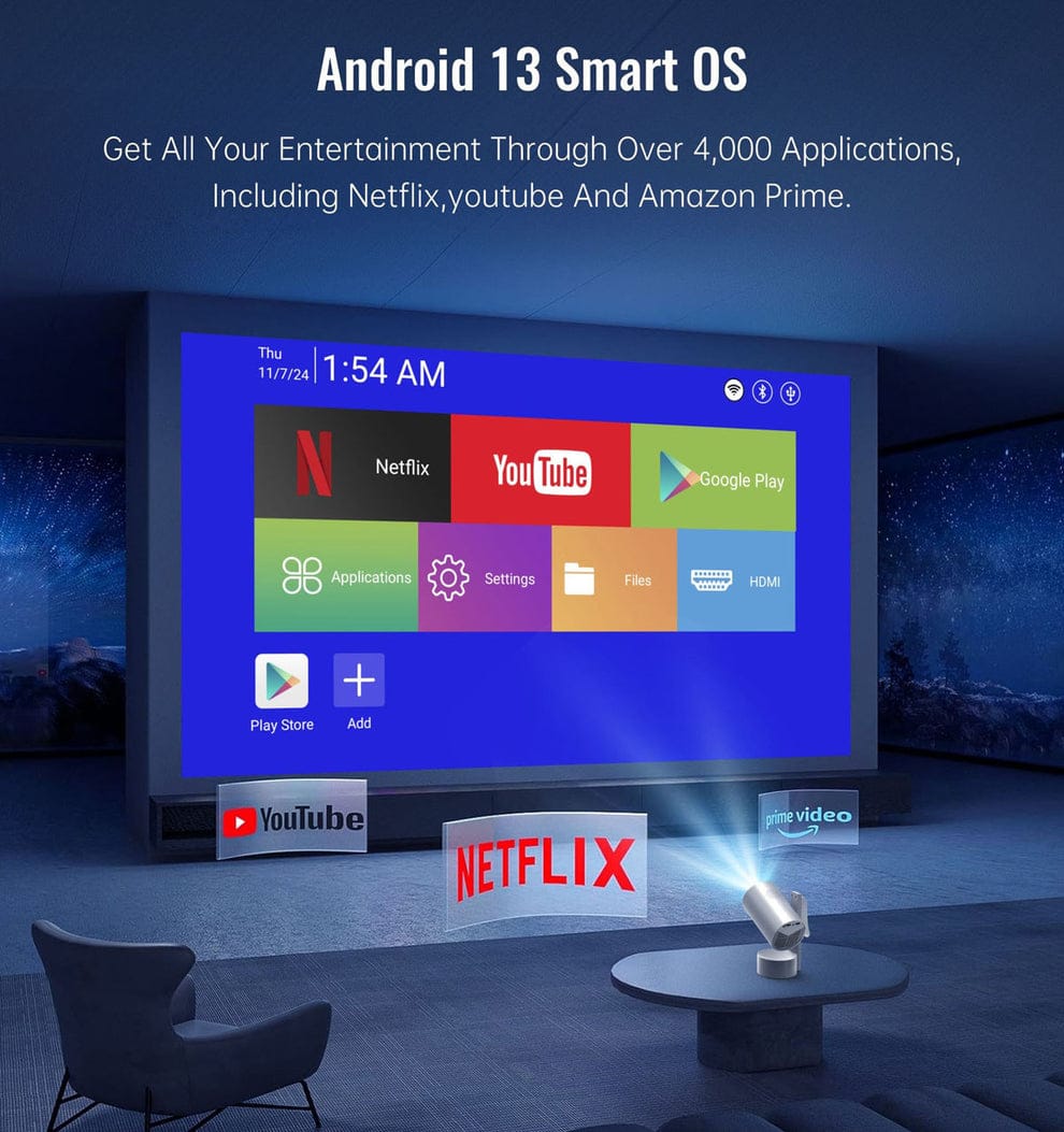 CRONY: R3P Portable Mini Projector 1080P LED Smart Projector Supports 4K Decode Android with Built In Speakers