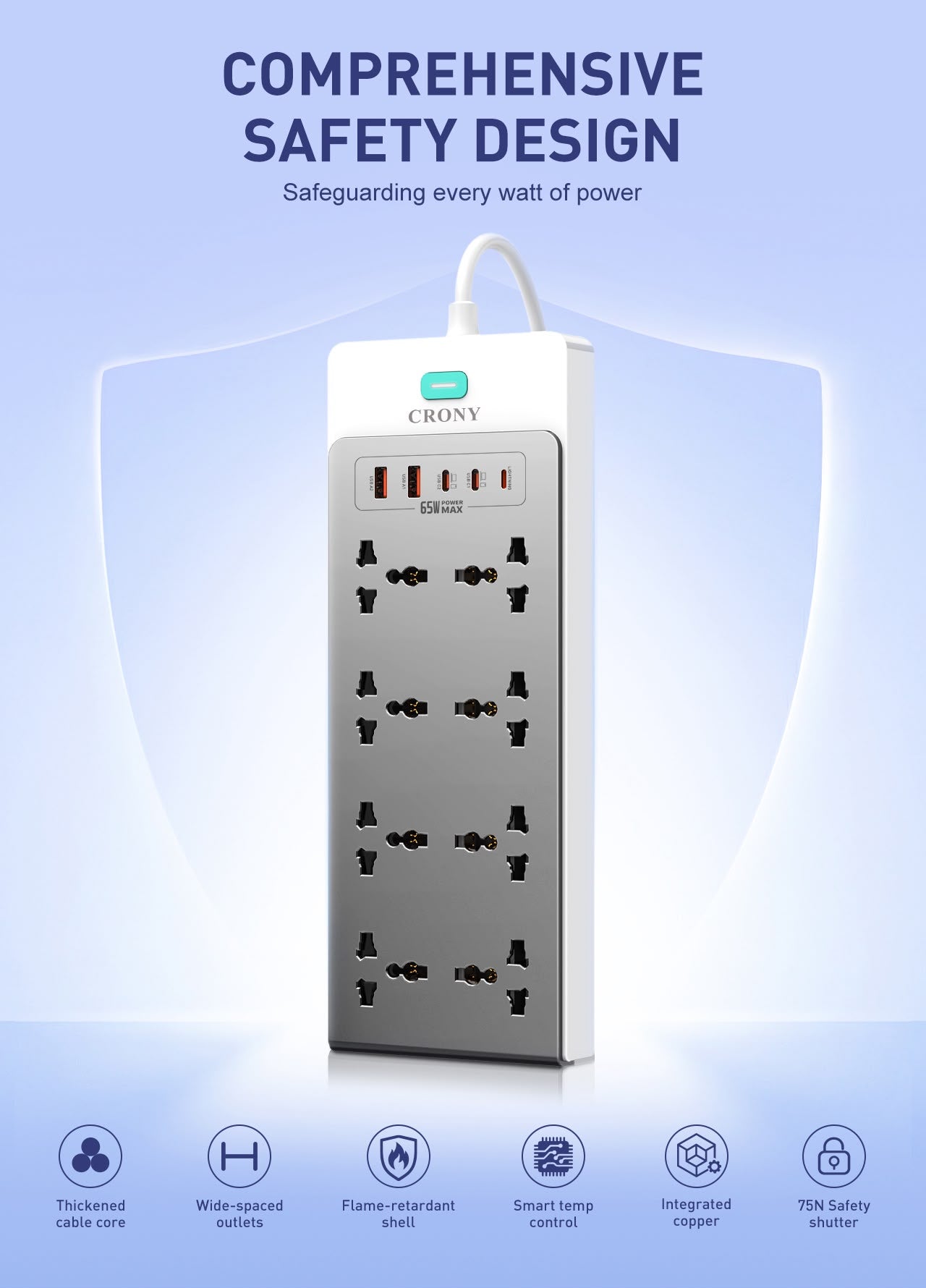 CRONY:  SC4 UNIVERSAL POWER SOCKET 65W PD GaN Desktop Power Strip 13 in 1 Multi Port 2500W High Power Multi Device Charging Power Strip Extension Socket