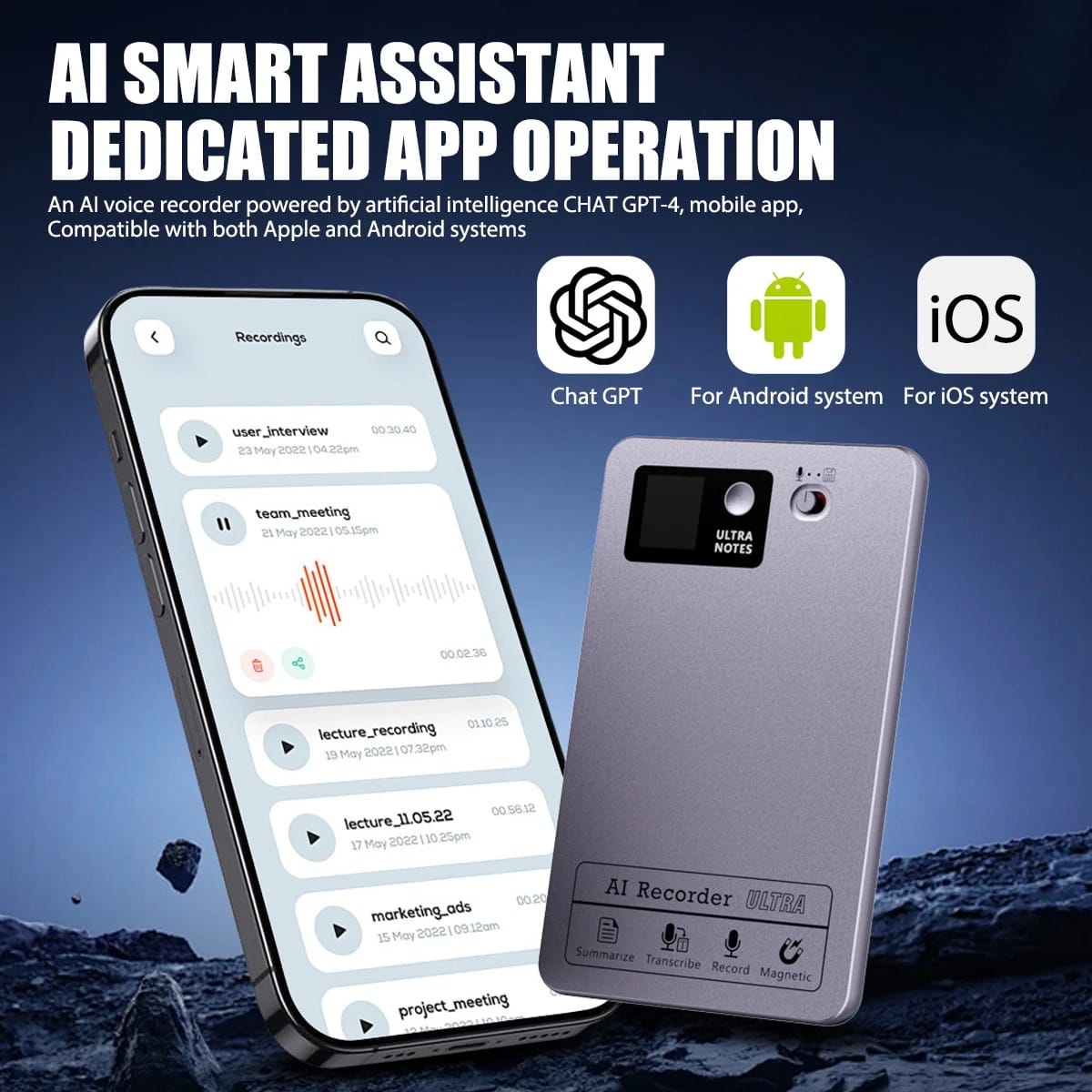 AI Voice Recorder 64GB Digital App Control 152 languages Transcribe Summarize A+