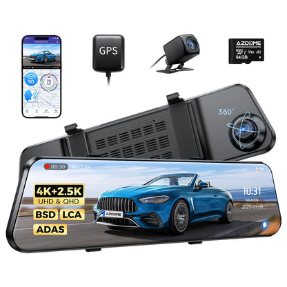 AZDOME PG17 MAX 2CH 4K Mirror Dash Cam with 12" Touch Screen