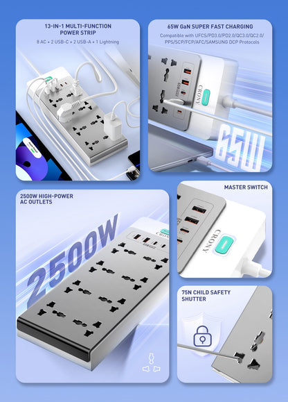 CRONY:  SC4 UNIVERSAL POWER SOCKET 65W PD GaN Desktop Power Strip 13 in 1 Multi Port 2500W High Power Multi Device Charging Power Strip Extension Socket