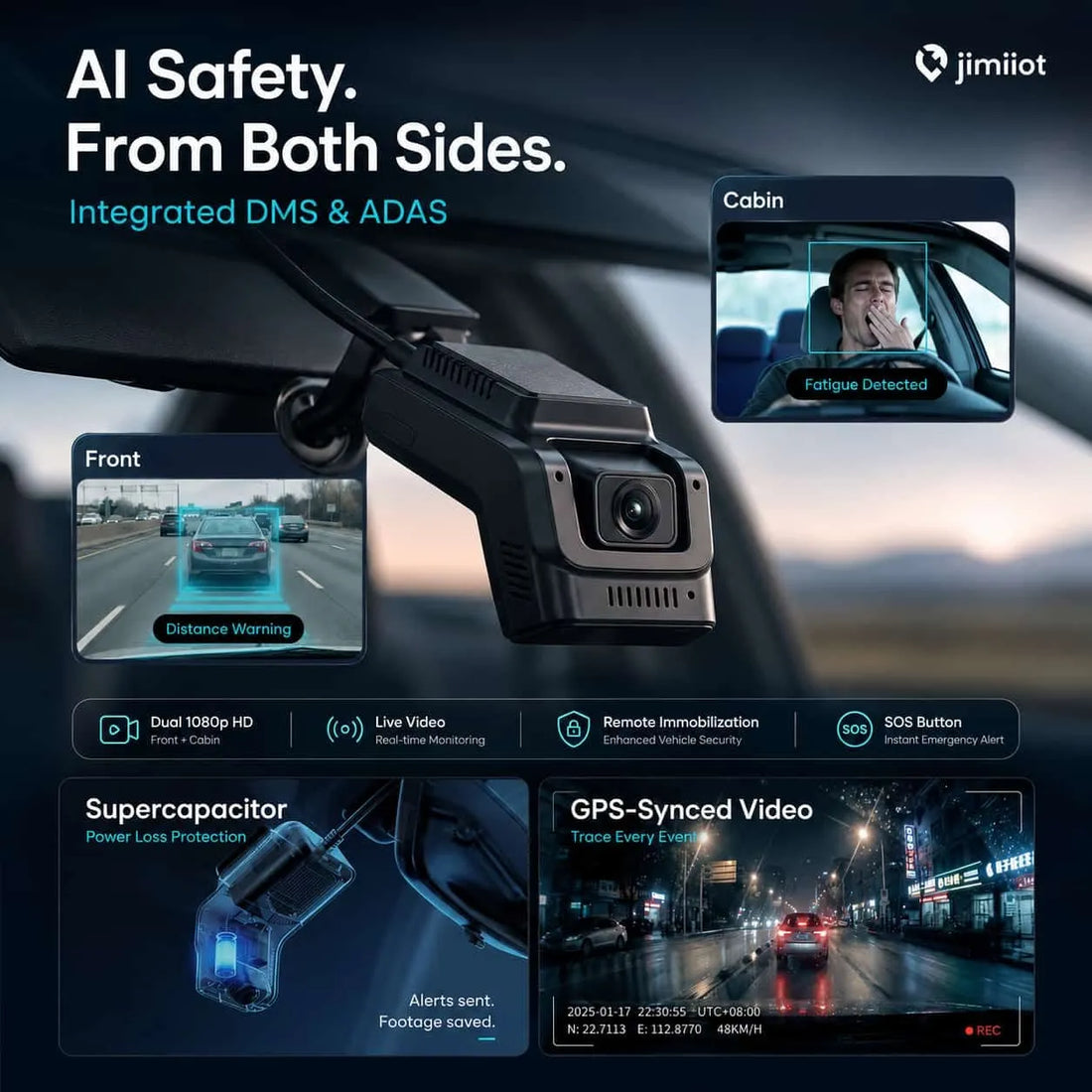 CRONY: Jimi JC270 4G AI Dual Dash Cam with GPS, Live Video, ADAS & Driver Monitoring