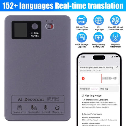 AI Voice Recorder 64GB Digital App Control 152 languages Transcribe Summarize A+