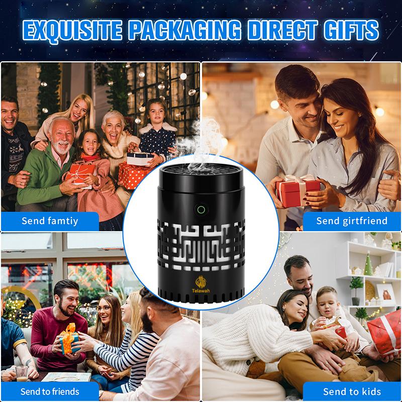 CRONY: SQ-309 Smart Quran Speaker with Electric BUkhoor Burner — features 16 reciters and 18 translations, plus app and remote control. This all-in-one oud incense diffuser, aroma diffuser, and MP3 speaker is suitable for home or car use.
