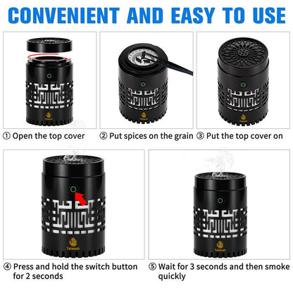 CRONY: SQ-309 Smart Quran Speaker with Electric BUkhoor Burner — features 16 reciters and 18 translations, plus app and remote control. This all-in-one oud incense diffuser, aroma diffuser, and MP3 speaker is suitable for home or car use.