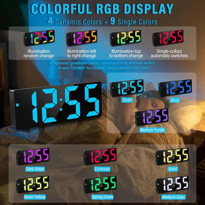 CRONY: GH0732 Colours Electronic Clock Digital Alarm Clock RGB  Colorful LED Bedside Alarm Clocks Snooze Date Time Display Color Change Big Digit Brightness Adjustable USB&Battery Powered