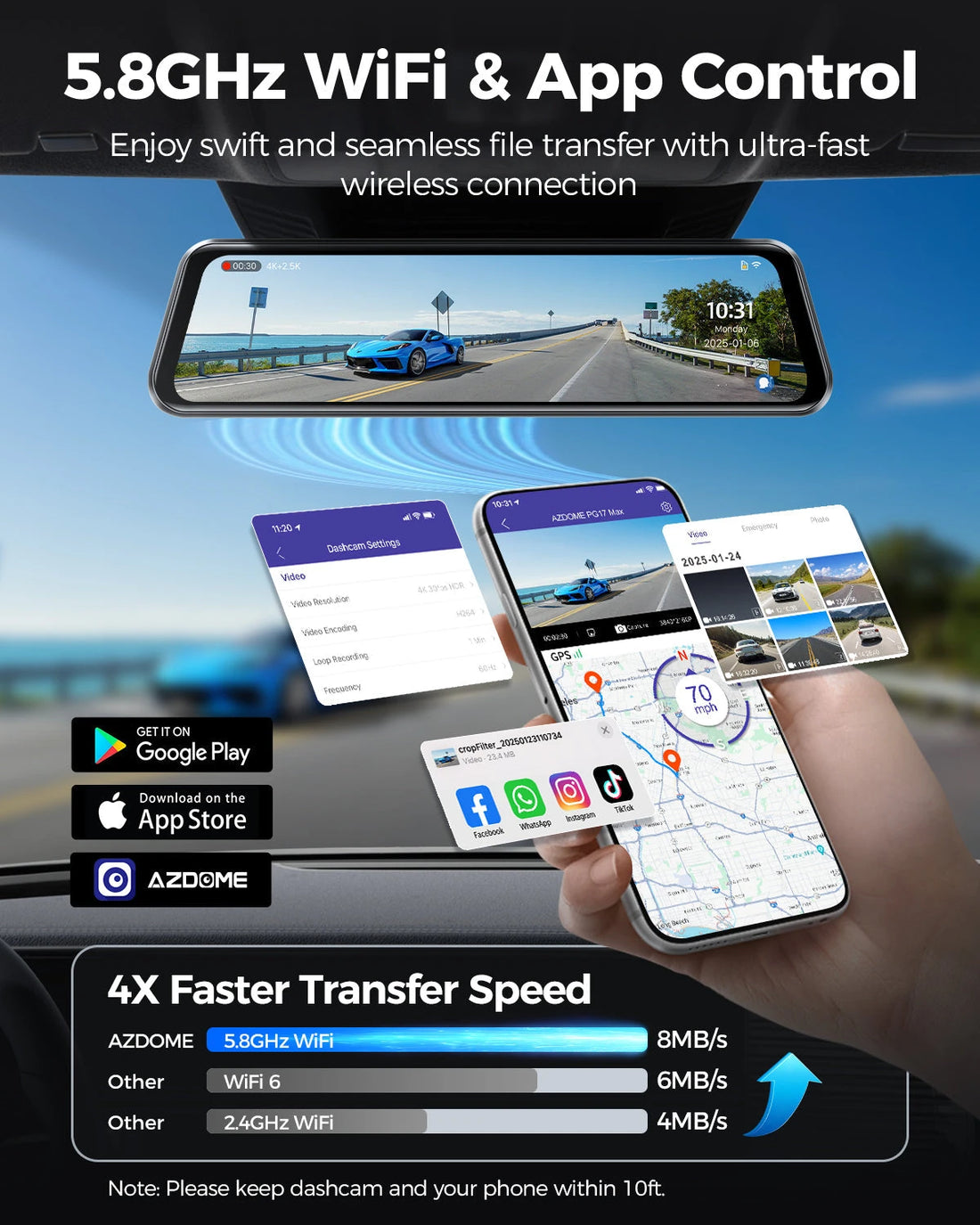 AZDOME PG17 MAX 2CH 4K Mirror Dash Cam with 12" Touch Screen