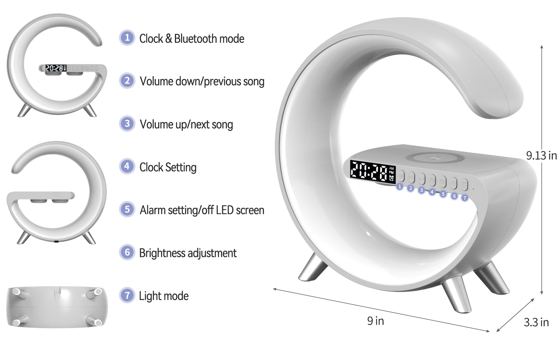 BT large G table lamp with clock strap, Wireless Charging Device with Digital Sunrise - Edragonmall.com