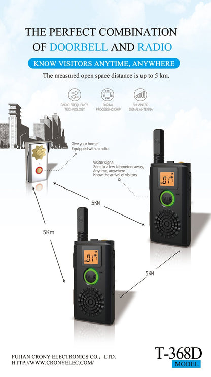 CRONY 1W T-368D Doorbell Walkie Talkie Two Way Radio Professional FM Transceiver with Loudly Doorbell Doorphone - Edragonmall.com