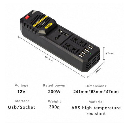 CRONY 200W Inverter with 4 USB DC 12V to AC 220V Car Power Inverter with 4 USB Port Cigarette Lighter - Edragonmall.com