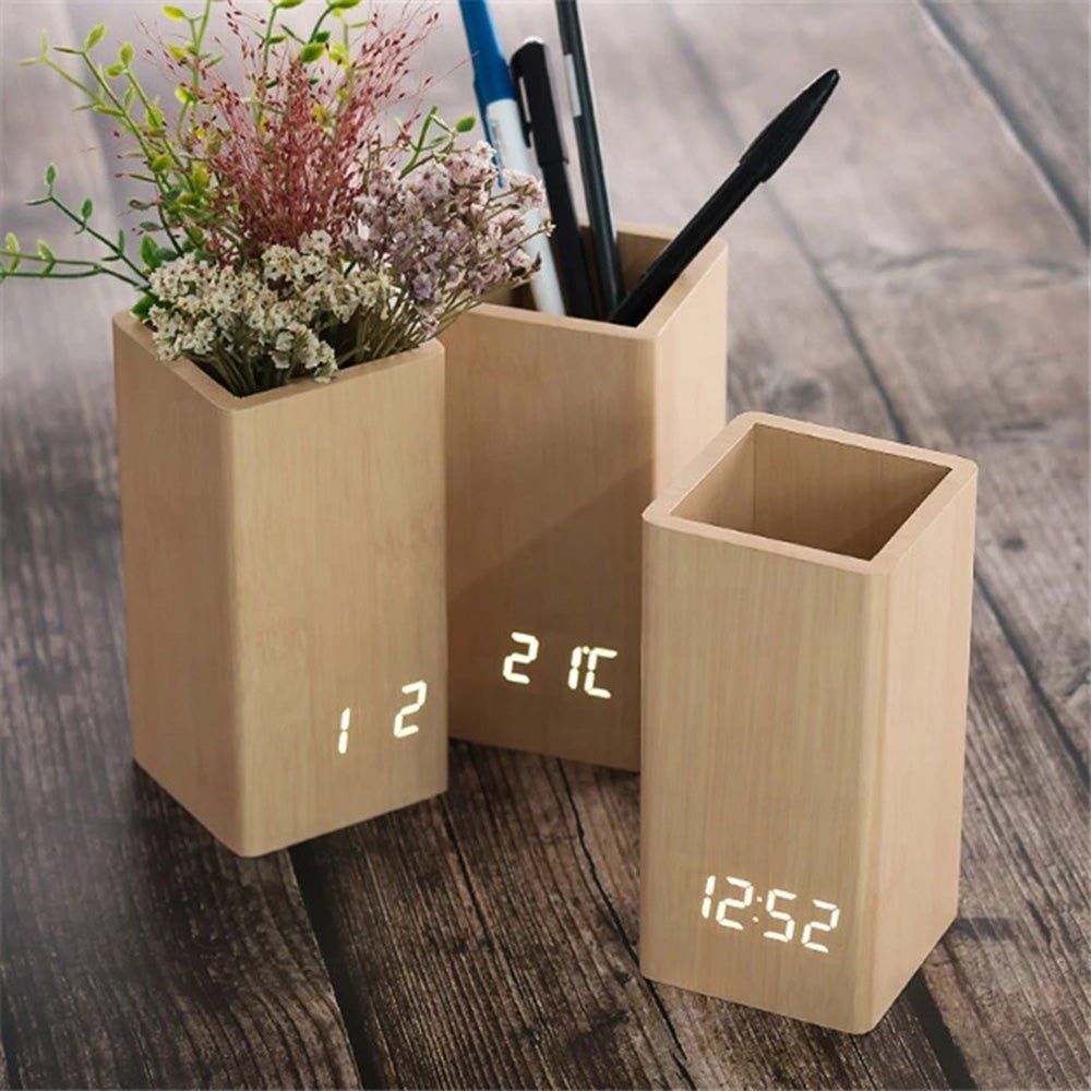 CRONY  2020 flower arranging clock wooden digital temperature pen holder alarm clock for gift