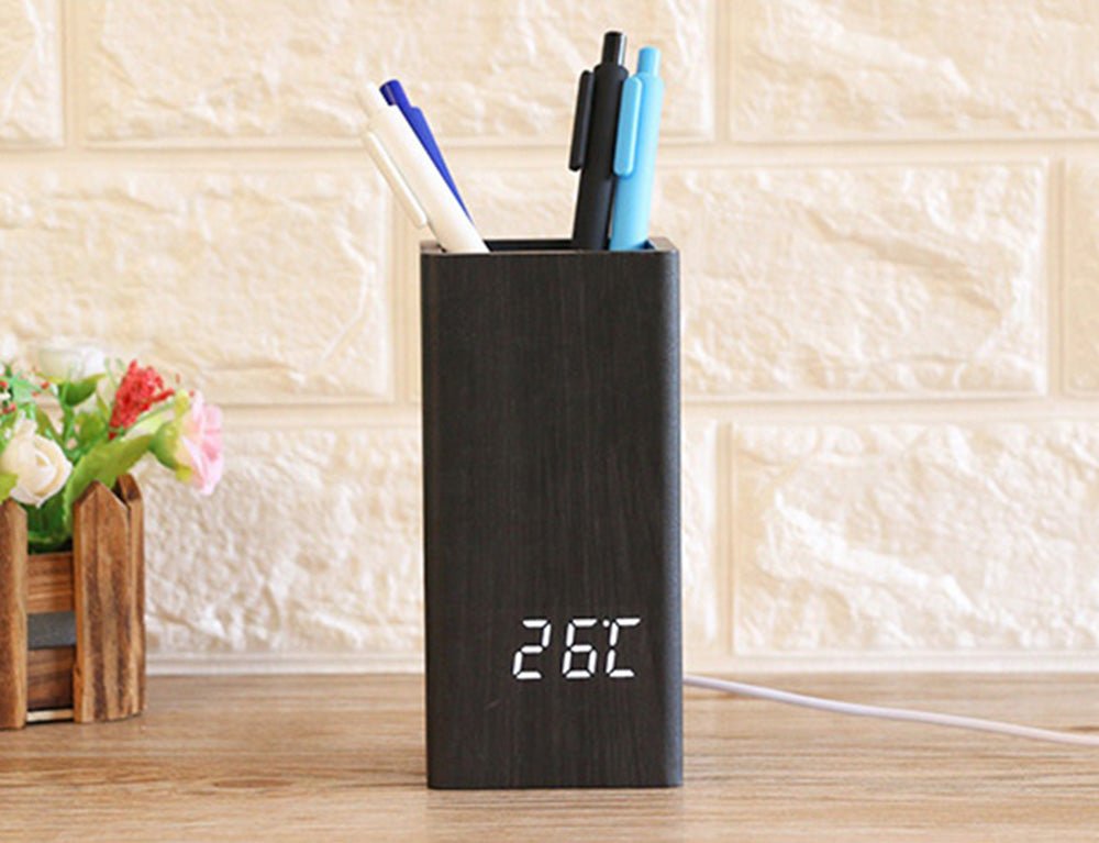 CRONY  2020 flower arranging clock wooden digital temperature pen holder alarm clock for gift