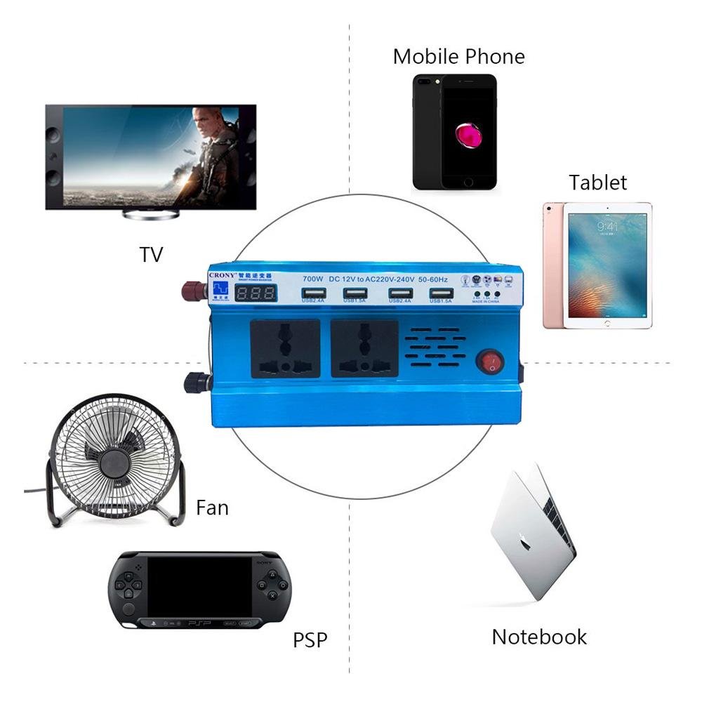 Crony 700W Inverter with Display Screen Car Power Inverter-DC 12V to 220V-240V AC Charging Port Converter Car Charger Adapter 4.2A 4 USB Ports - Edragonmall.com