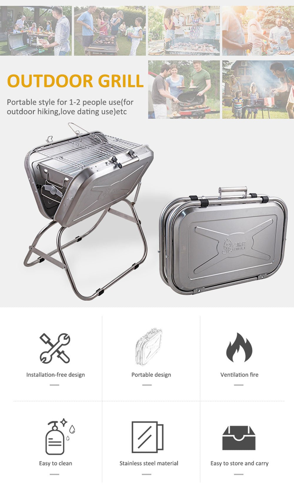 CRONY 8828 Portable grill Folding Stainless Steel Commercial Portable Outdoor Camping Charcoal Bbq Grill - Edragonmall.com