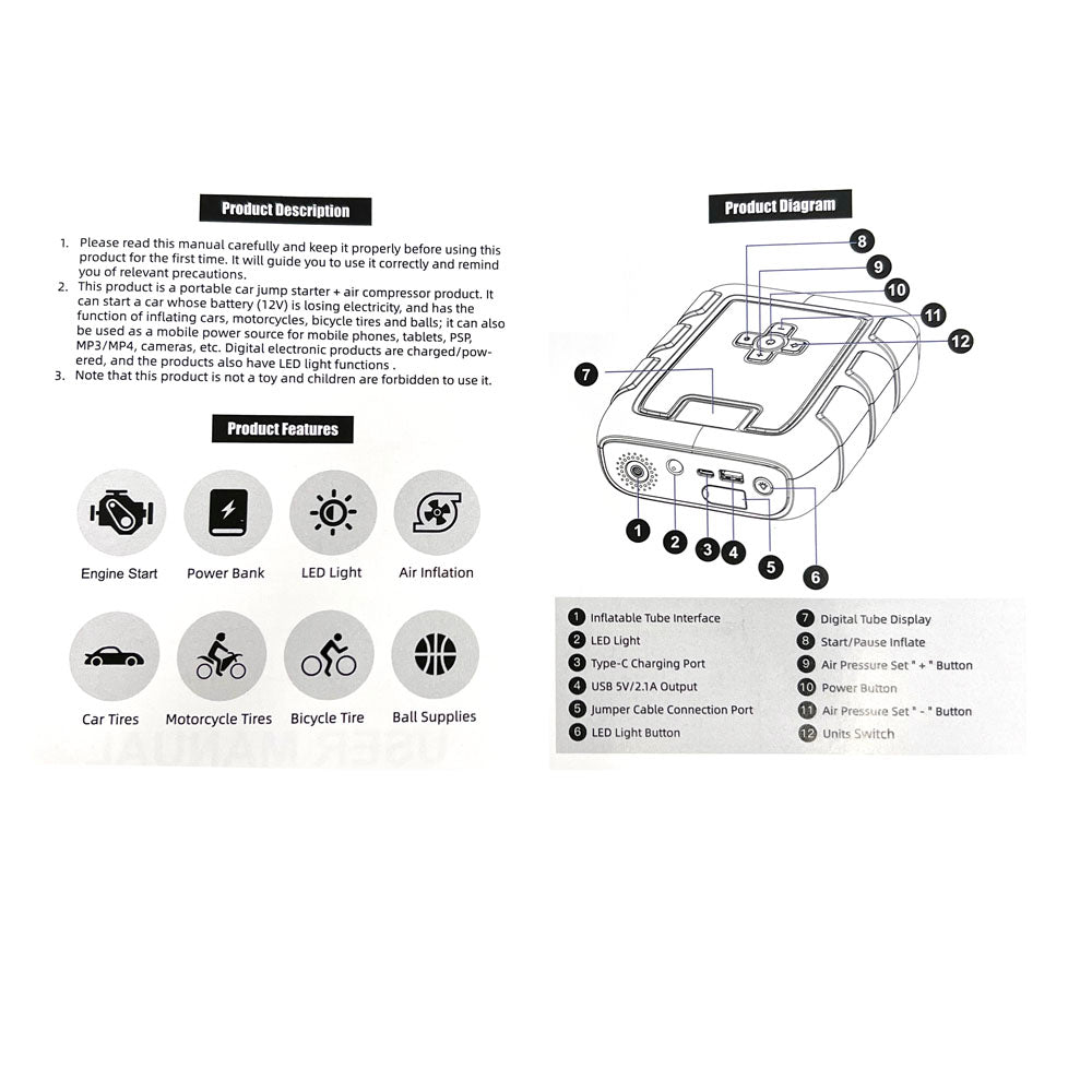 CRONY B03 Jumper Starter Car Charger jump Starter & Wireless Inflator Pump - Edragonmall.com