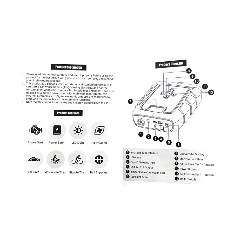 CRONY B03 Jumper Starter Car Charger jump Starter & Wireless Inflator Pump - Edragonmall.com