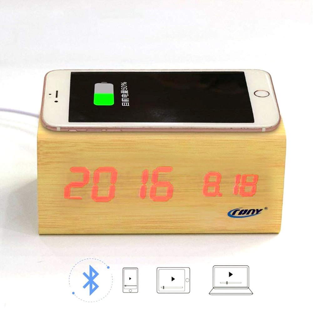 CRONY CN1299 Wooden Digital LED Clock with Wireless Moblie charging Bluetooth Speaker Alarm Temperature - Edragonmall.com