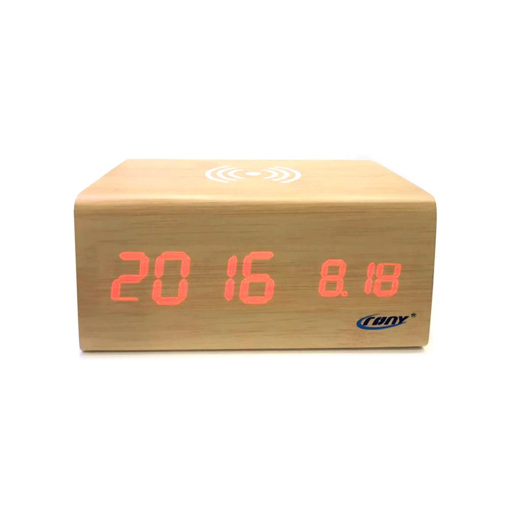 CRONY CN1299 Wooden Digital LED Clock with Wireless Moblie charging Bluetooth Speaker Alarm Temperature - Edragonmall.com