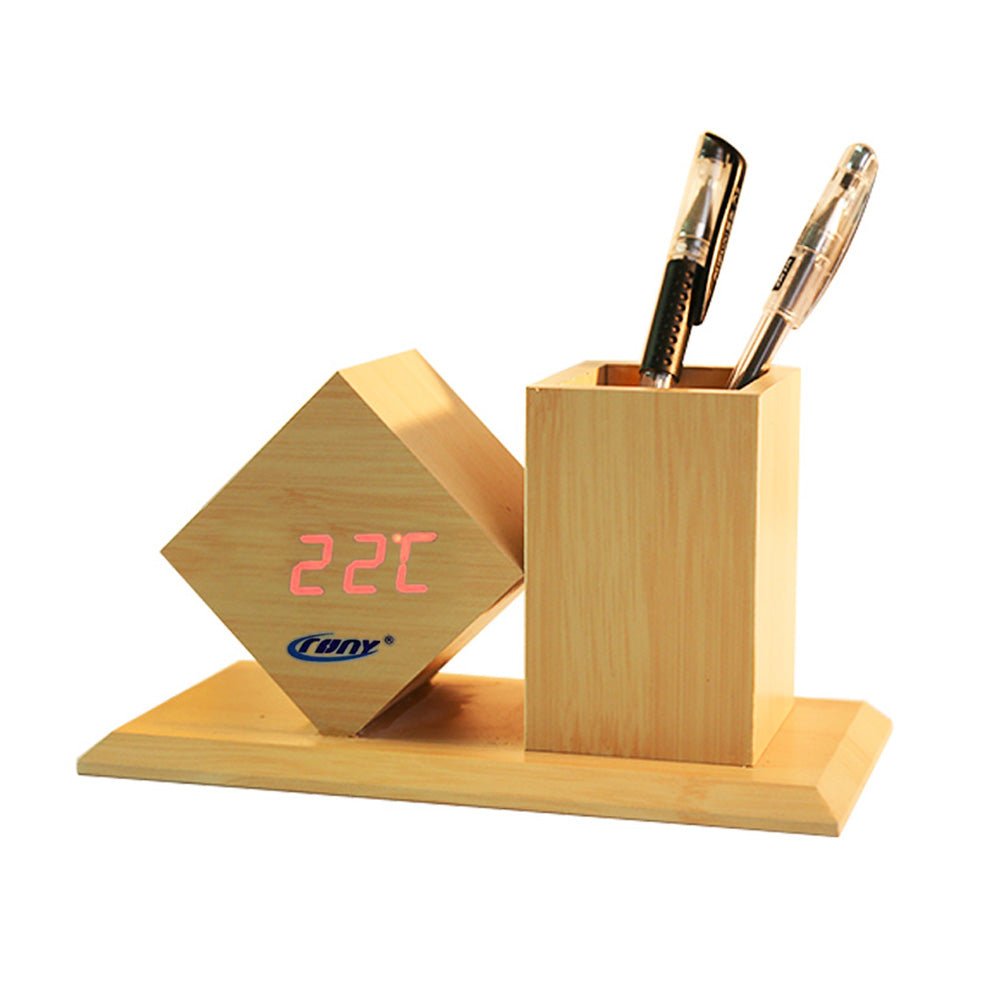 CRONY CN2025 Wooden pen holder digital LED Clock with Alarm and Temperature - Edragonmall.com