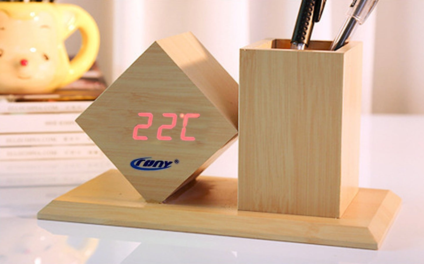 CRONY CN2025 Wooden pen holder digital LED Clock with Alarm and Temperature - Edragonmall.com