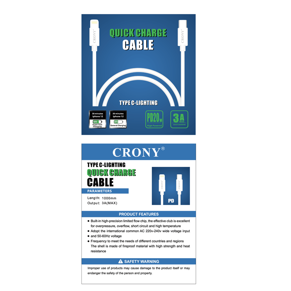 CRONY CR-001 Support Quick Charge&Data C-Lighting Cable 3A - Edragonmall.com